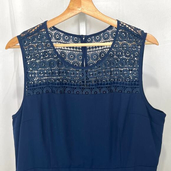 FERVOUR Modcloth Pleated Midi Dress Sheer Lace Trim Sleeveless Navy Blue Size XL - Picture 4 of 8